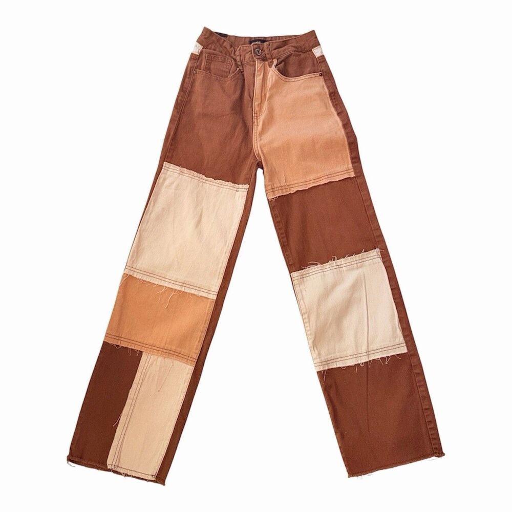 Almost Famous Rise Mom Jeans Brown Patchwork Denim Size 0